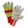 Insulated Premium Grain Pigskin Leather Palm Gloves w/ Hi-Viz Yellow & Reflective Back, Knit Wrist, LG
