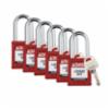 Brady Nylon Safety Lockout Padlocks, Steel, KA, Red, 6/pk